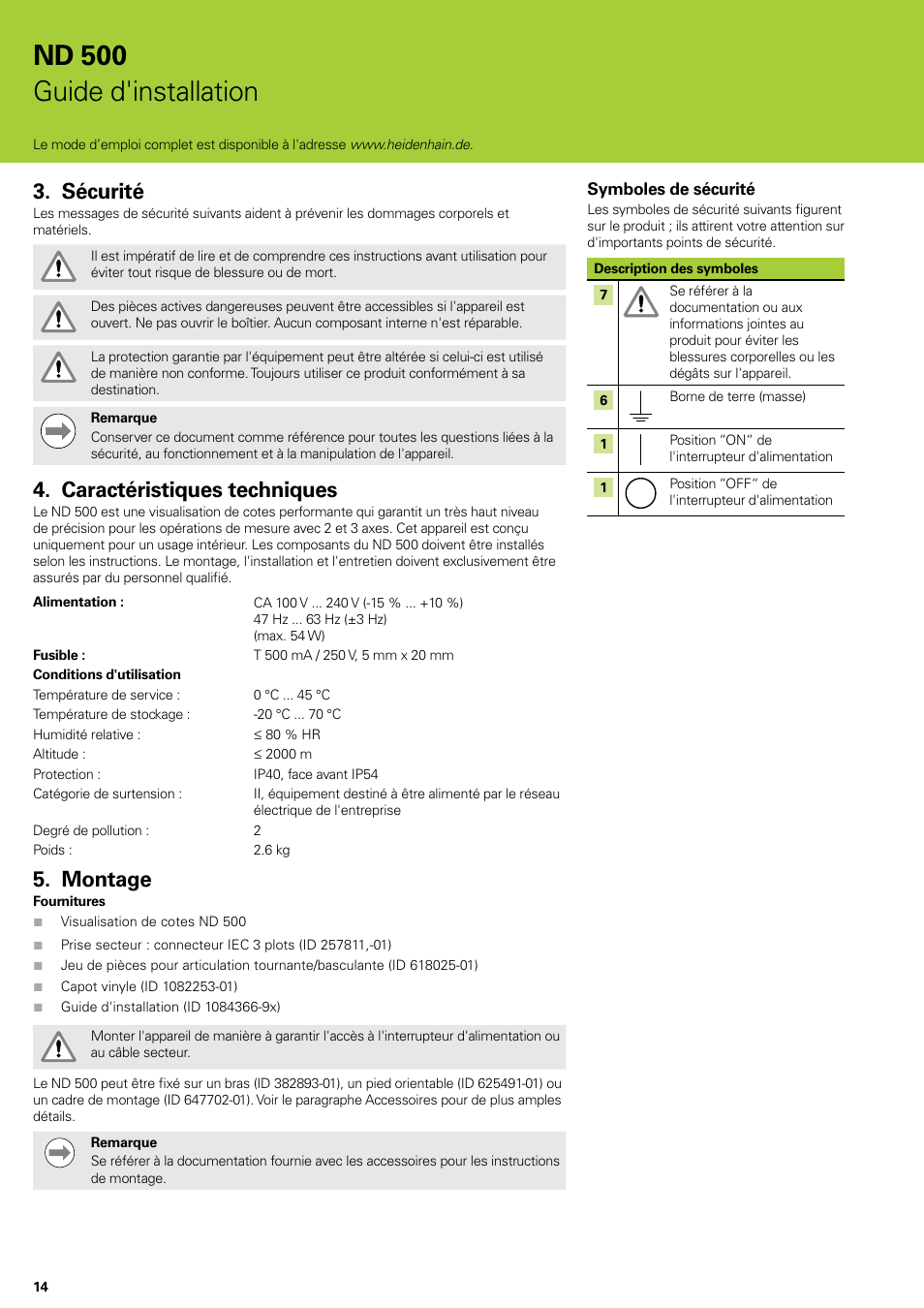 Sécurité, Caractéristiques techniques, Montage | Sécurité caractéristiques techniques montage, Nd 500 guide d'installation | HEIDENHAIN ND 522 Installation User Manual | Page 14 / 112