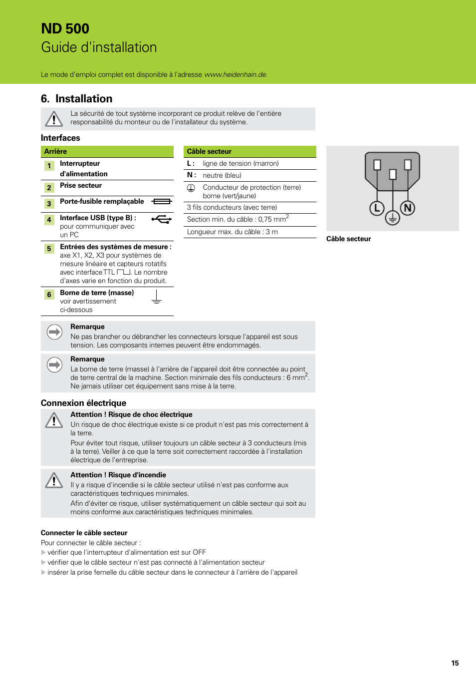 Installation, Nd 500 guide d'installation | HEIDENHAIN ND 522 Installation User Manual | Page 15 / 112
