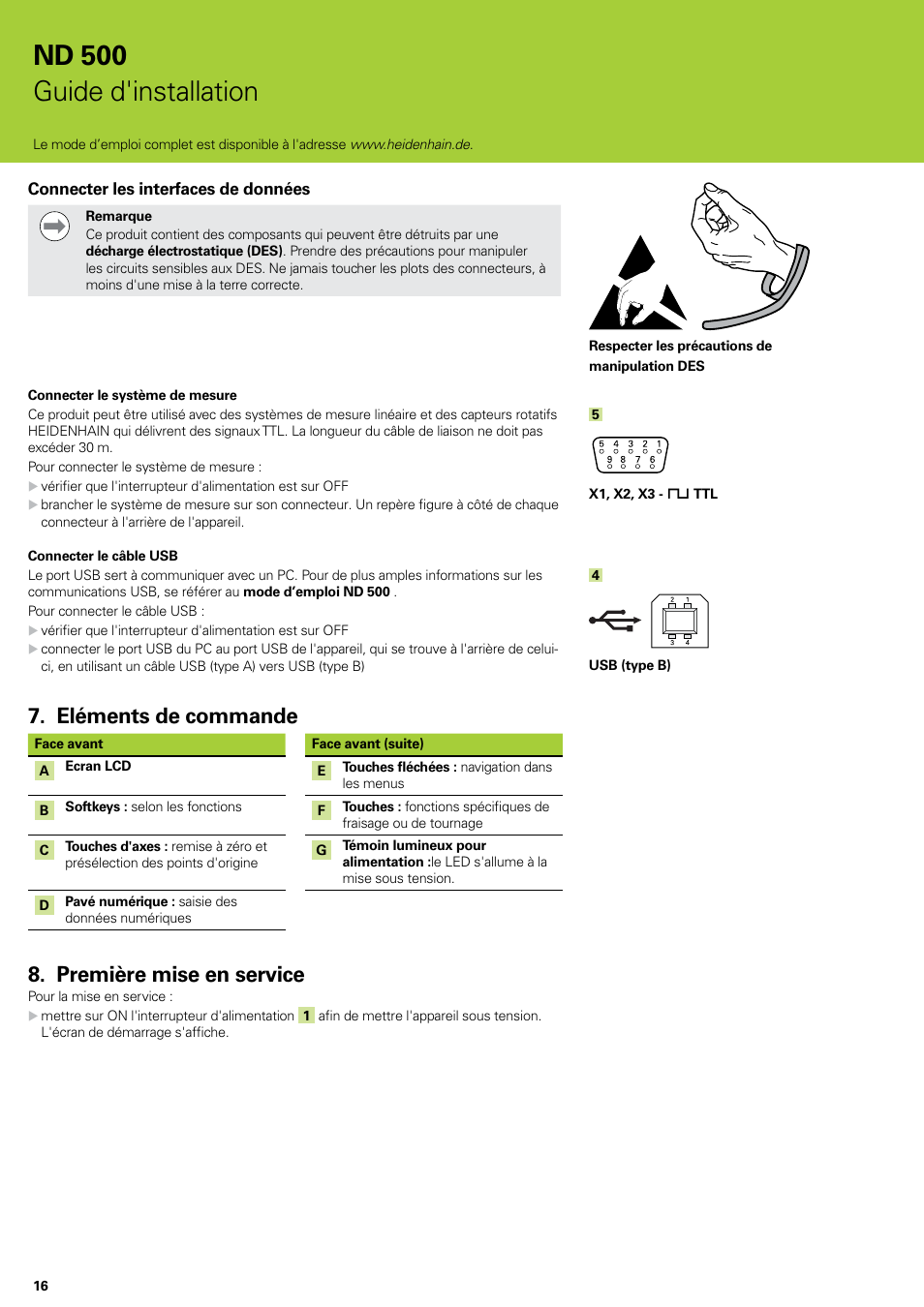 Eléments de commande, Première mise en service, Eléments de commande première mise en service | Nd 500 guide d'installation | HEIDENHAIN ND 522 Installation User Manual | Page 16 / 112