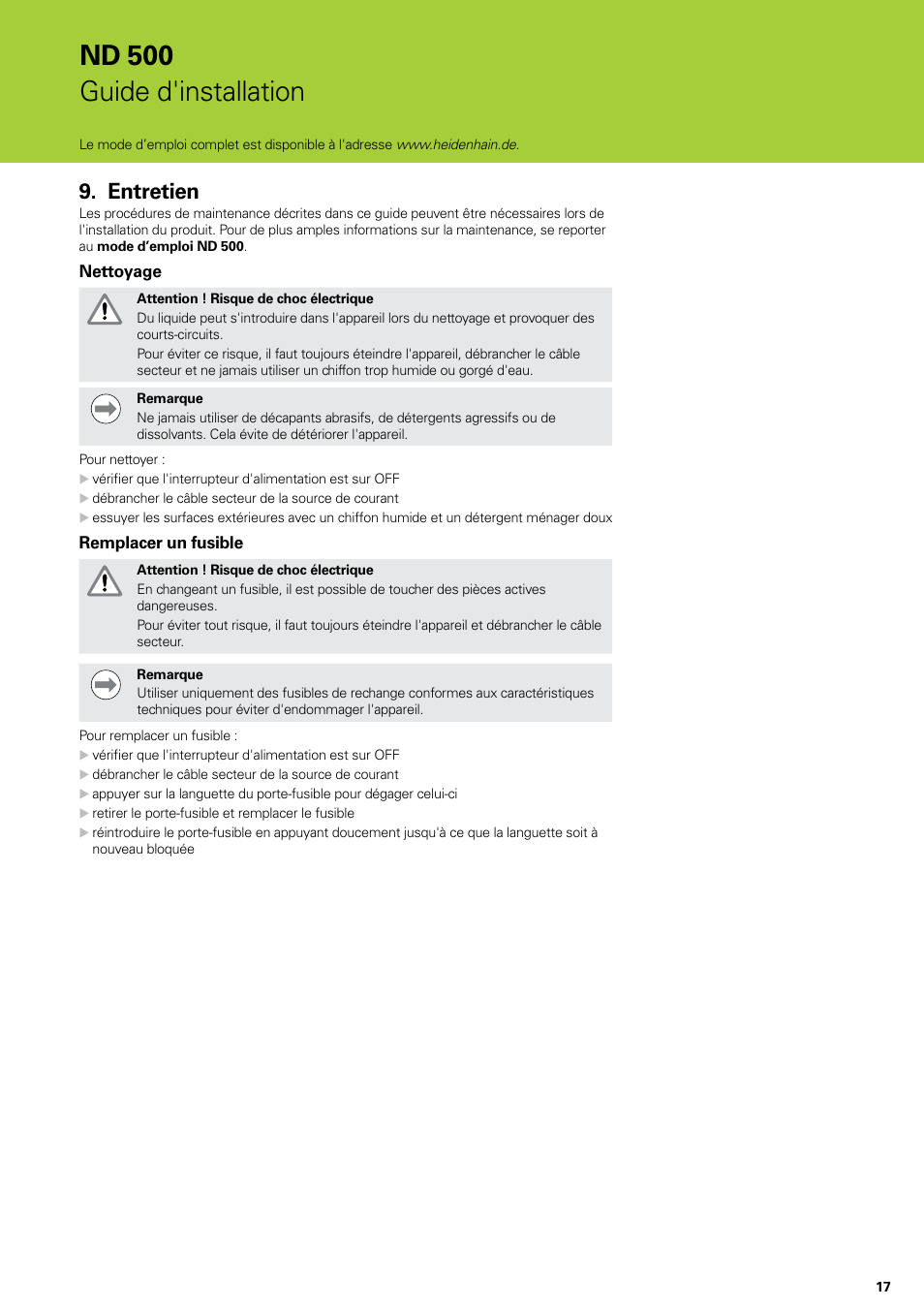 Entretien, Nd 500 guide d'installation | HEIDENHAIN ND 522 Installation User Manual | Page 17 / 112