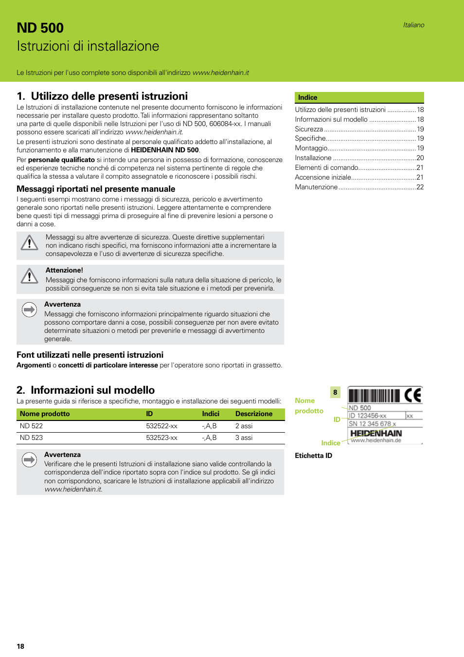 Istruzioni di installazione, Italiano, Utilizzo delle presenti istruzioni | Informazioni sul modello, Nd 500 istruzioni di installazione | HEIDENHAIN ND 522 Installation User Manual | Page 18 / 112