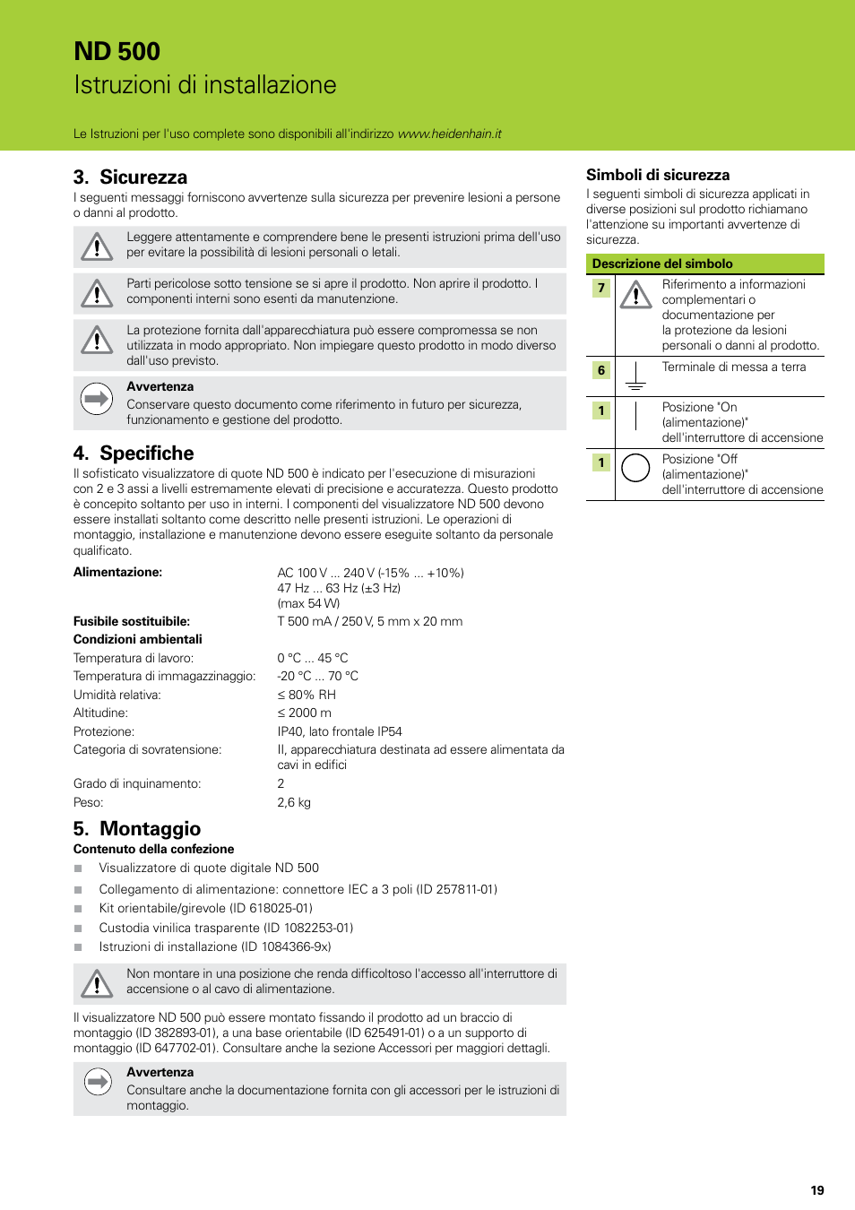 Sicurezza, Specifiche, Montaggio | Sicurezza specifiche montaggio, Nd 500 istruzioni di installazione | HEIDENHAIN ND 522 Installation User Manual | Page 19 / 112