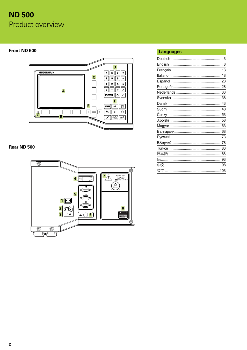 Nd 500, Product overview, Rear nd 500 | Front nd 500, Languages | HEIDENHAIN ND 522 Installation User Manual | Page 2 / 112
