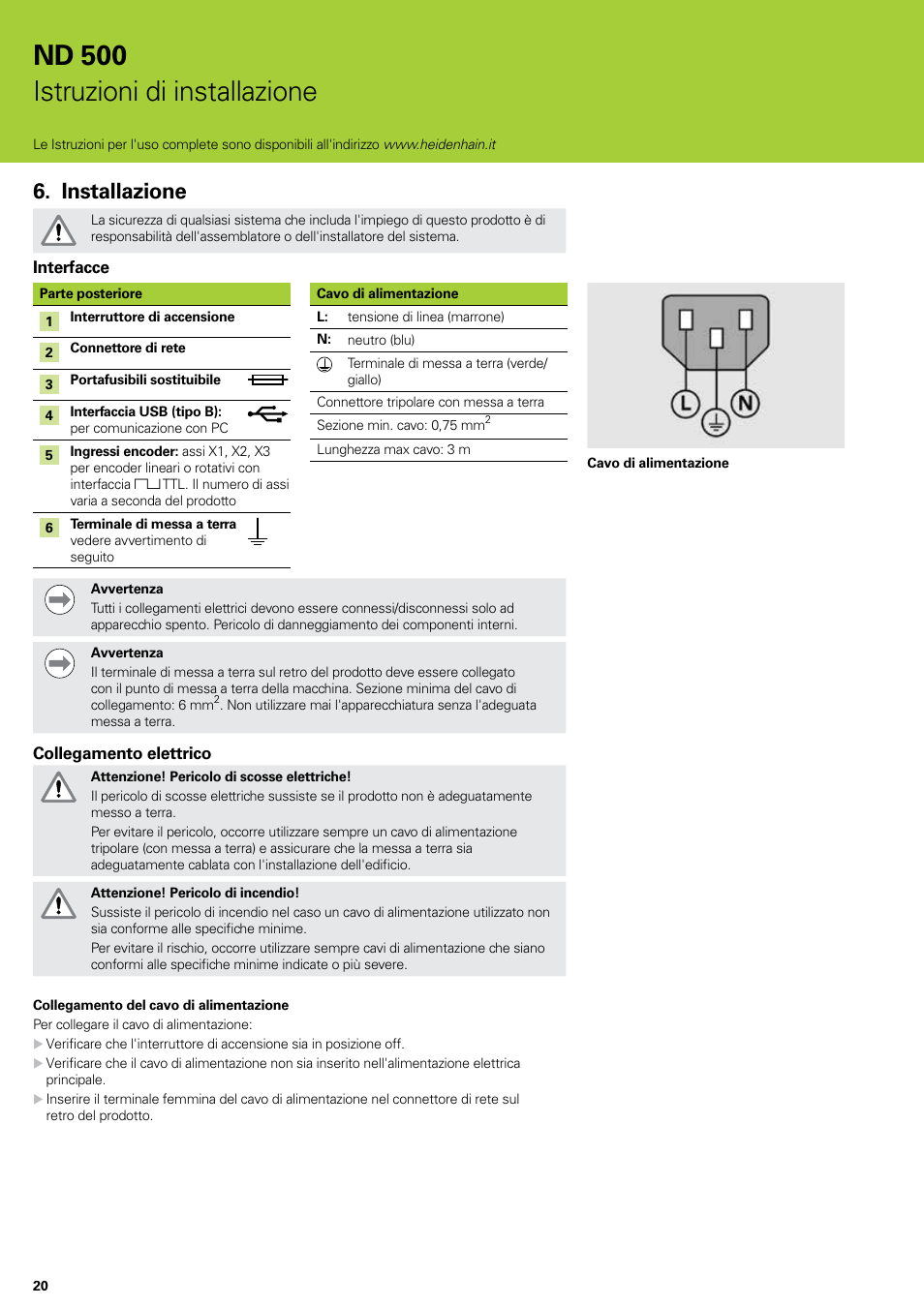 Installazione, Nd 500 istruzioni di installazione | HEIDENHAIN ND 522 Installation User Manual | Page 20 / 112