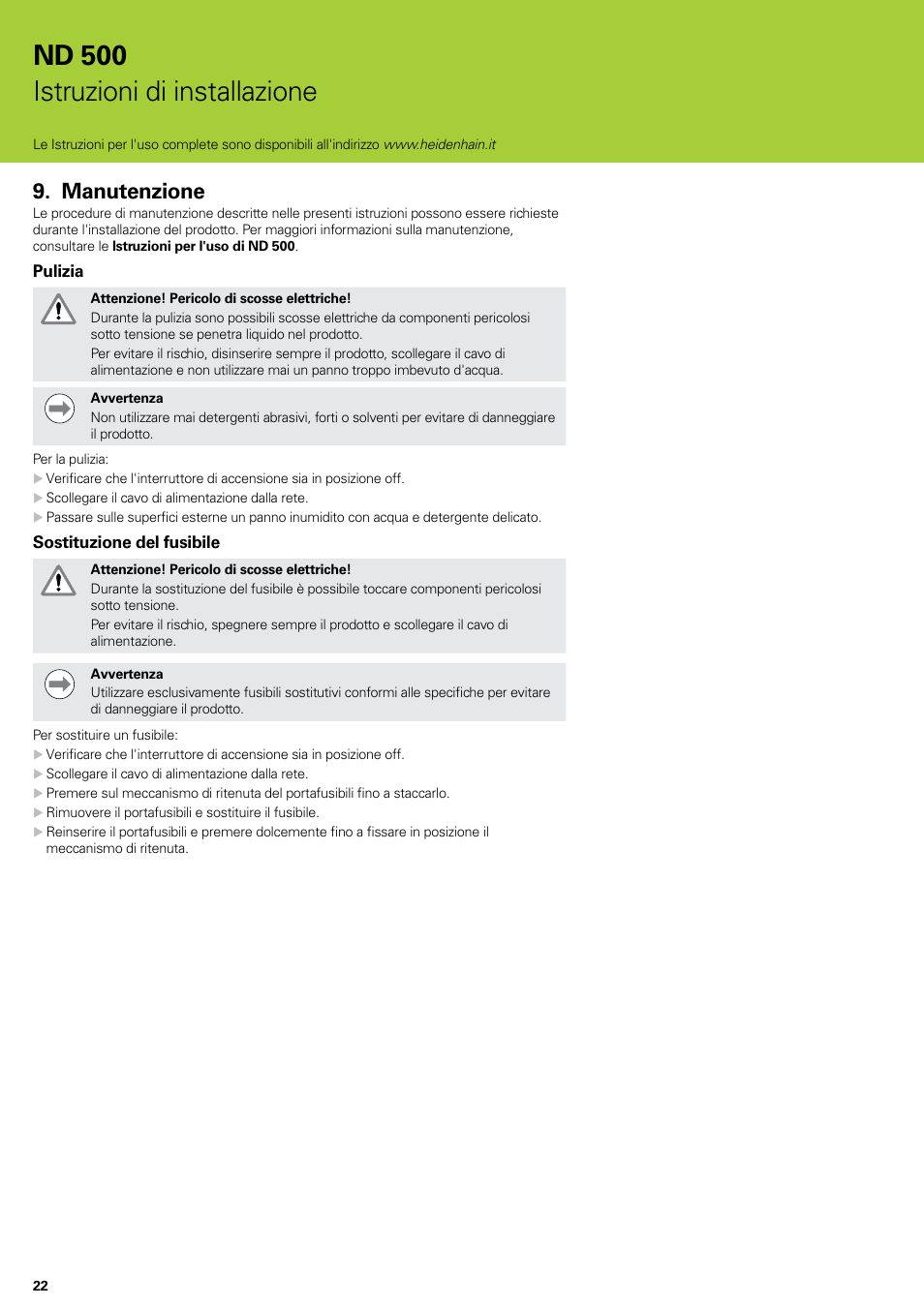Manutenzione, Nd 500 istruzioni di installazione | HEIDENHAIN ND 522 Installation User Manual | Page 22 / 112