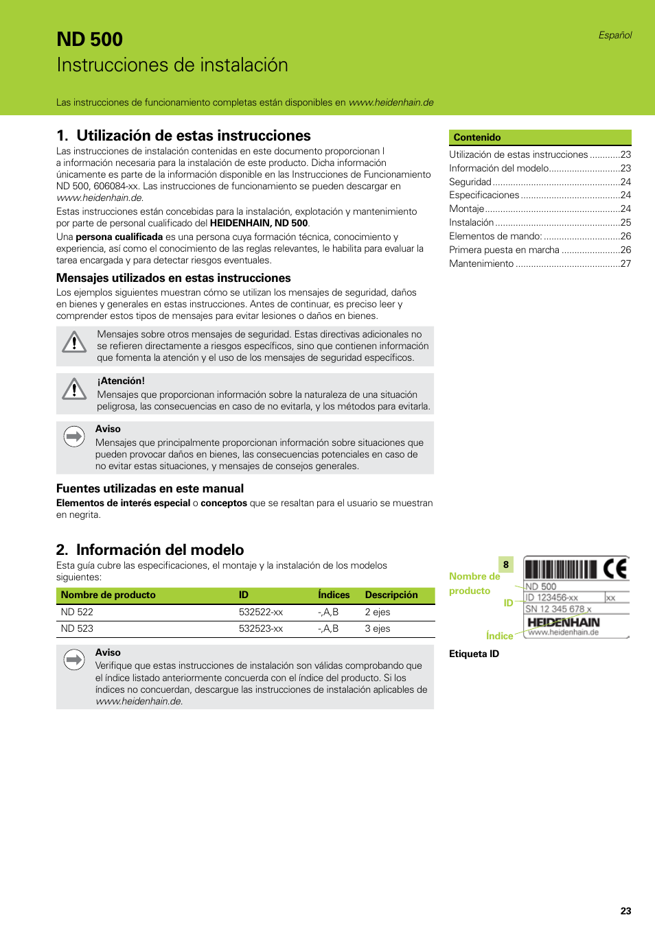 Instrucciones de instalación, Español, Utilización de estas instrucciones | Información del modelo, Nd 500 instrucciones de instalación | HEIDENHAIN ND 522 Installation User Manual | Page 23 / 112