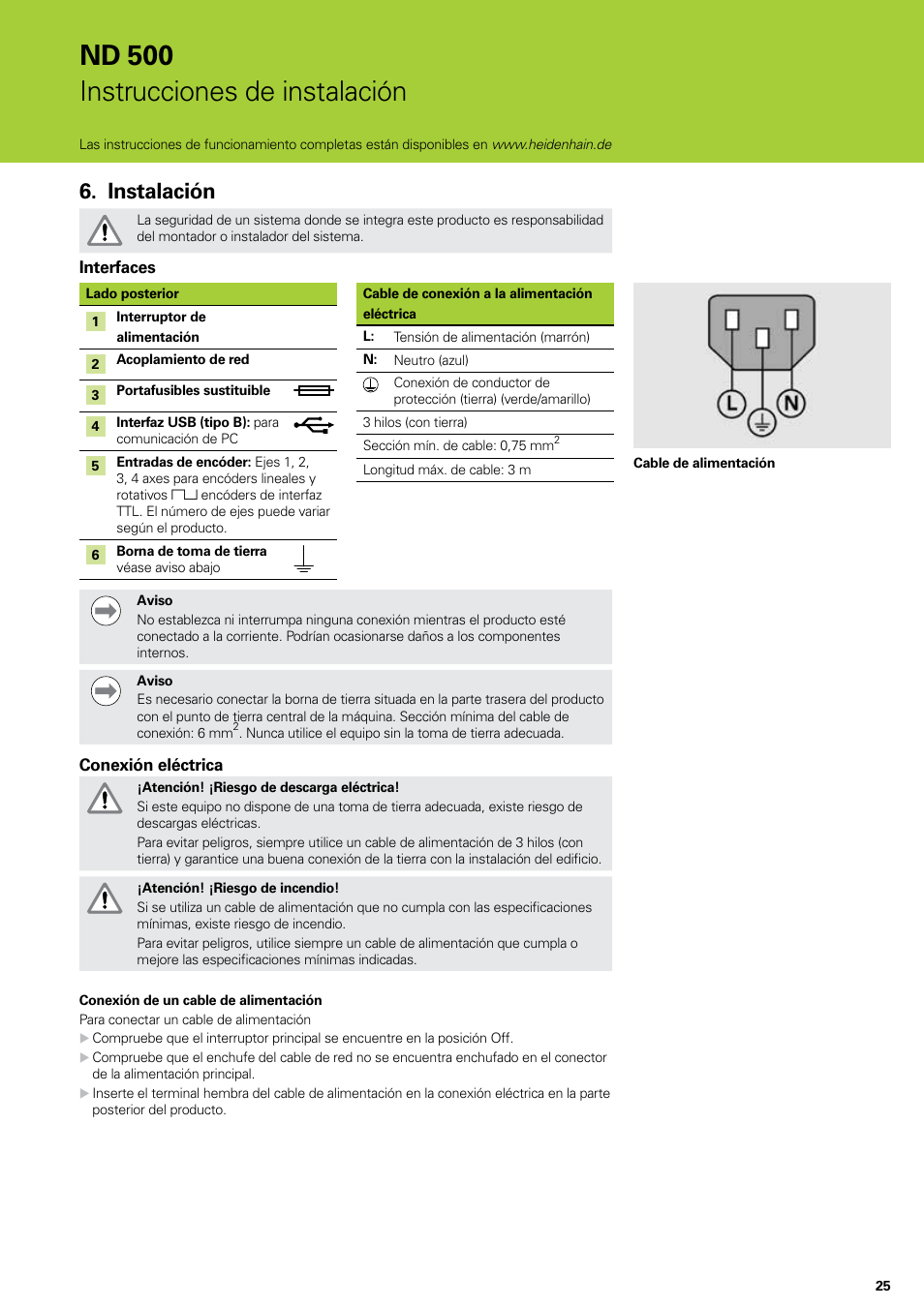 Instalación, Nd 500 instrucciones de instalación | HEIDENHAIN ND 522 Installation User Manual | Page 25 / 112