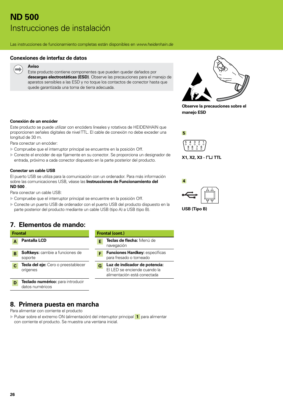 Elementos de mando, Primera puesta en marcha, Elementos de mando: primera puesta en marcha | Nd 500 instrucciones de instalación | HEIDENHAIN ND 522 Installation User Manual | Page 26 / 112