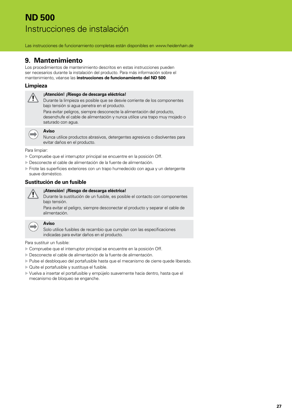 Mantenimiento, Nd 500 instrucciones de instalación | HEIDENHAIN ND 522 Installation User Manual | Page 27 / 112