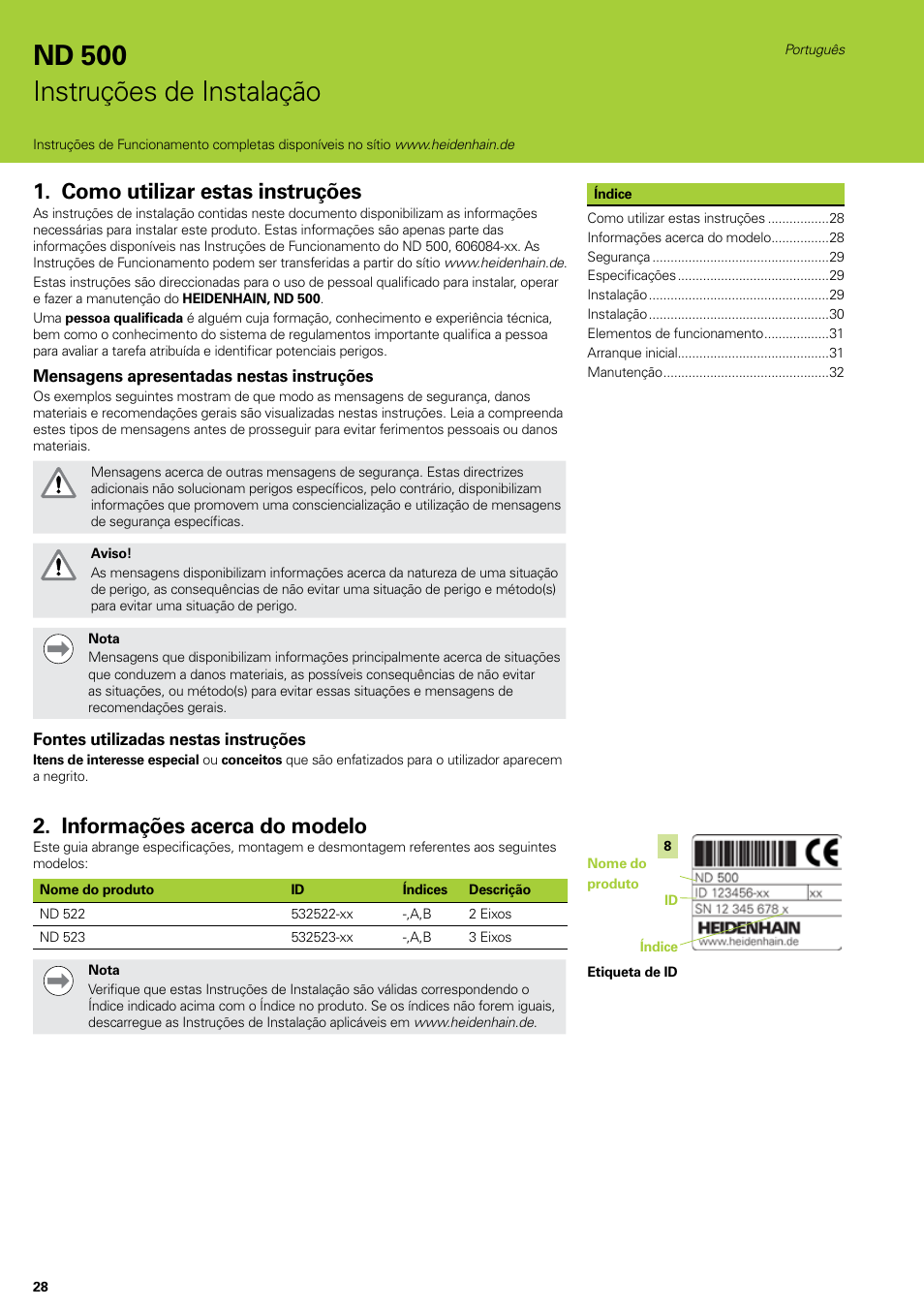 Instruções de instalação, Português, Como utilizar estas instruções | Informações acerca do modelo, Nd 500 instruções de instalação | HEIDENHAIN ND 522 Installation User Manual | Page 28 / 112