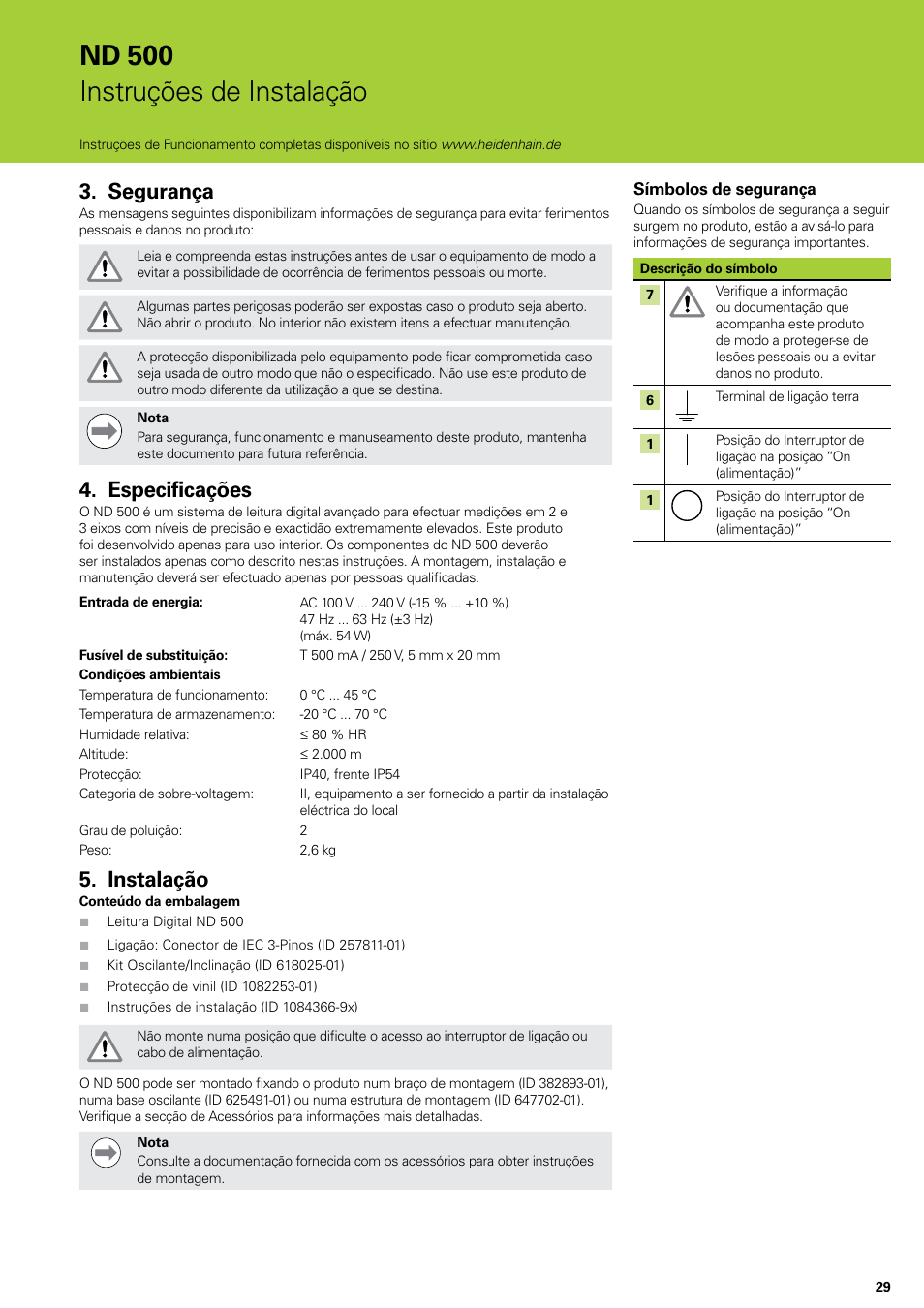 Segurança, Especificações, Instalação | Segurança especificações instalação, Nd 500 instruções de instalação | HEIDENHAIN ND 522 Installation User Manual | Page 29 / 112