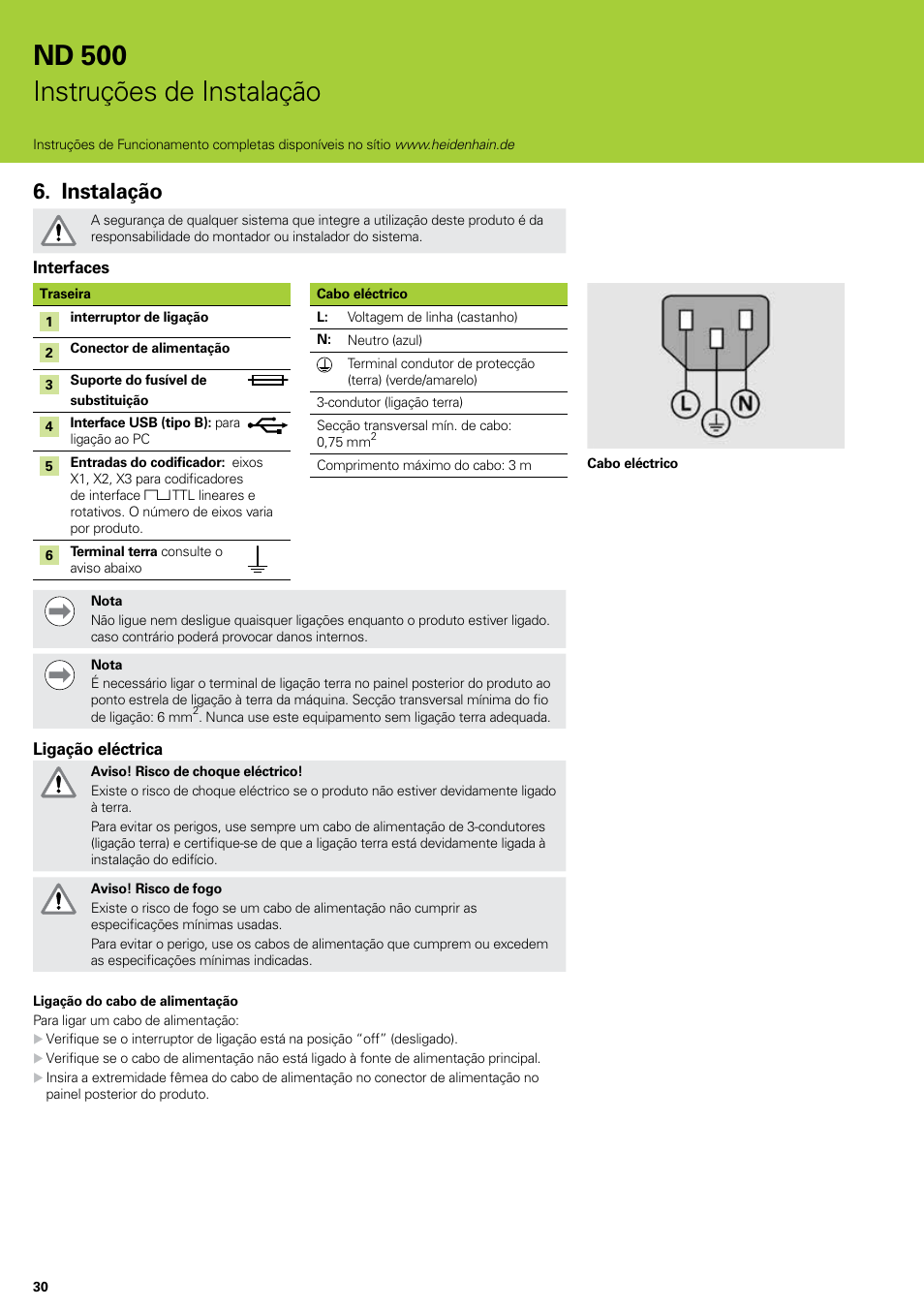 Instalação, Nd 500 instruções de instalação | HEIDENHAIN ND 522 Installation User Manual | Page 30 / 112