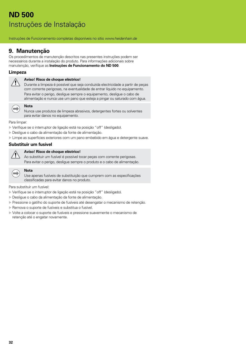 Manutenção, Nd 500 instruções de instalação | HEIDENHAIN ND 522 Installation User Manual | Page 32 / 112