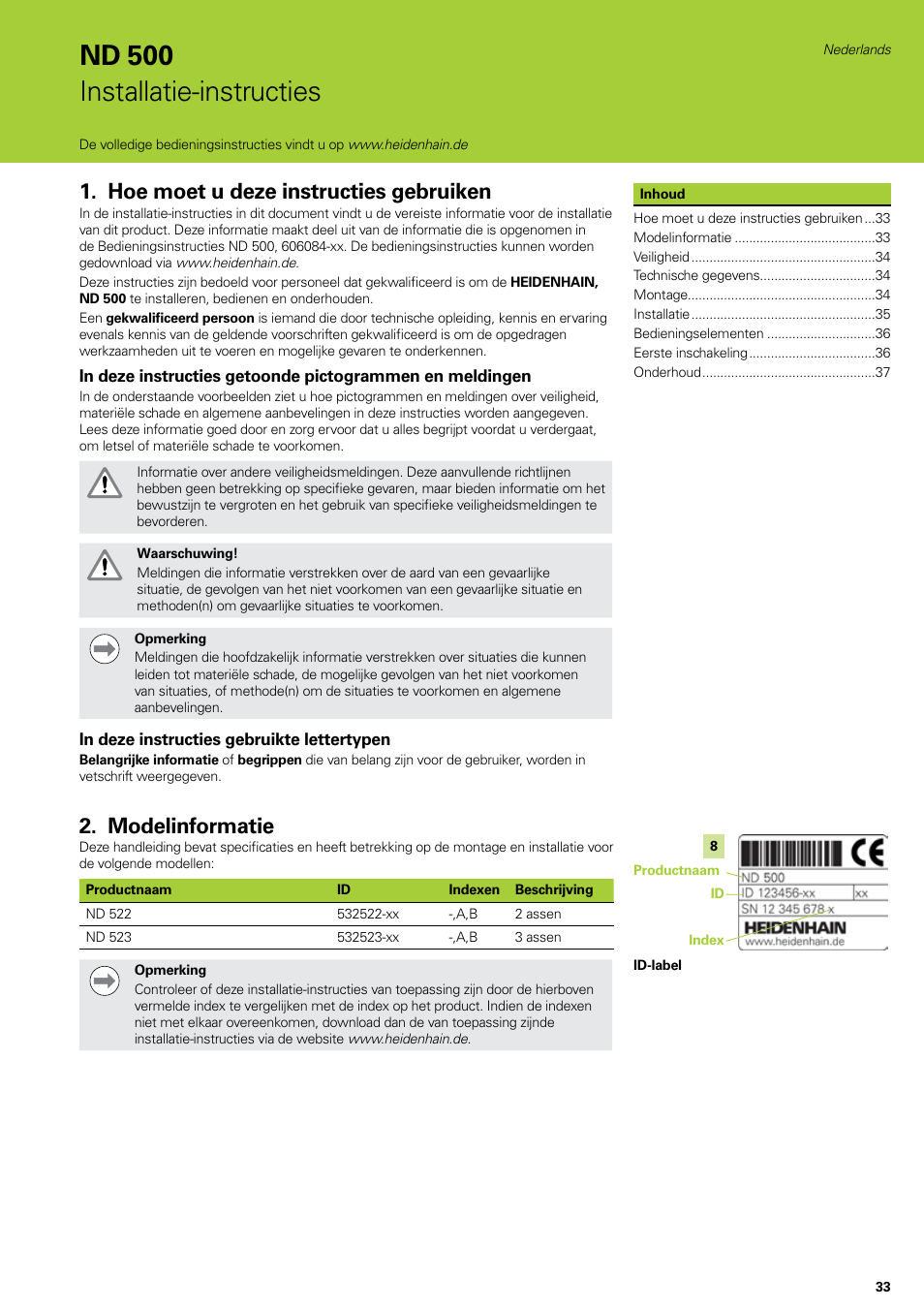 Installatie-instructies, Nederlands, Hoe moet u deze instructies gebruiken | Modelinformatie, Nd 500 installatie-instructies | HEIDENHAIN ND 522 Installation User Manual | Page 33 / 112