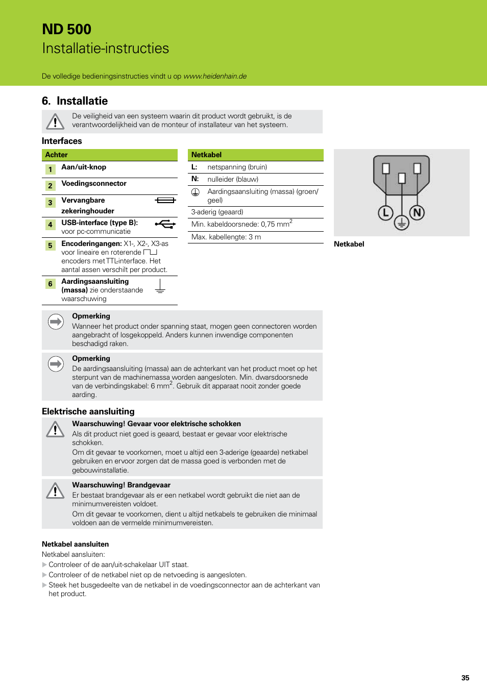 Installatie, Nd 500 installatie-instructies | HEIDENHAIN ND 522 Installation User Manual | Page 35 / 112