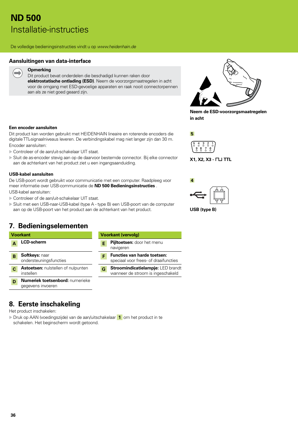 Bedieningselementen, Eerste inschakeling, Bedieningselementen eerste inschakeling | Nd 500 installatie-instructies | HEIDENHAIN ND 522 Installation User Manual | Page 36 / 112