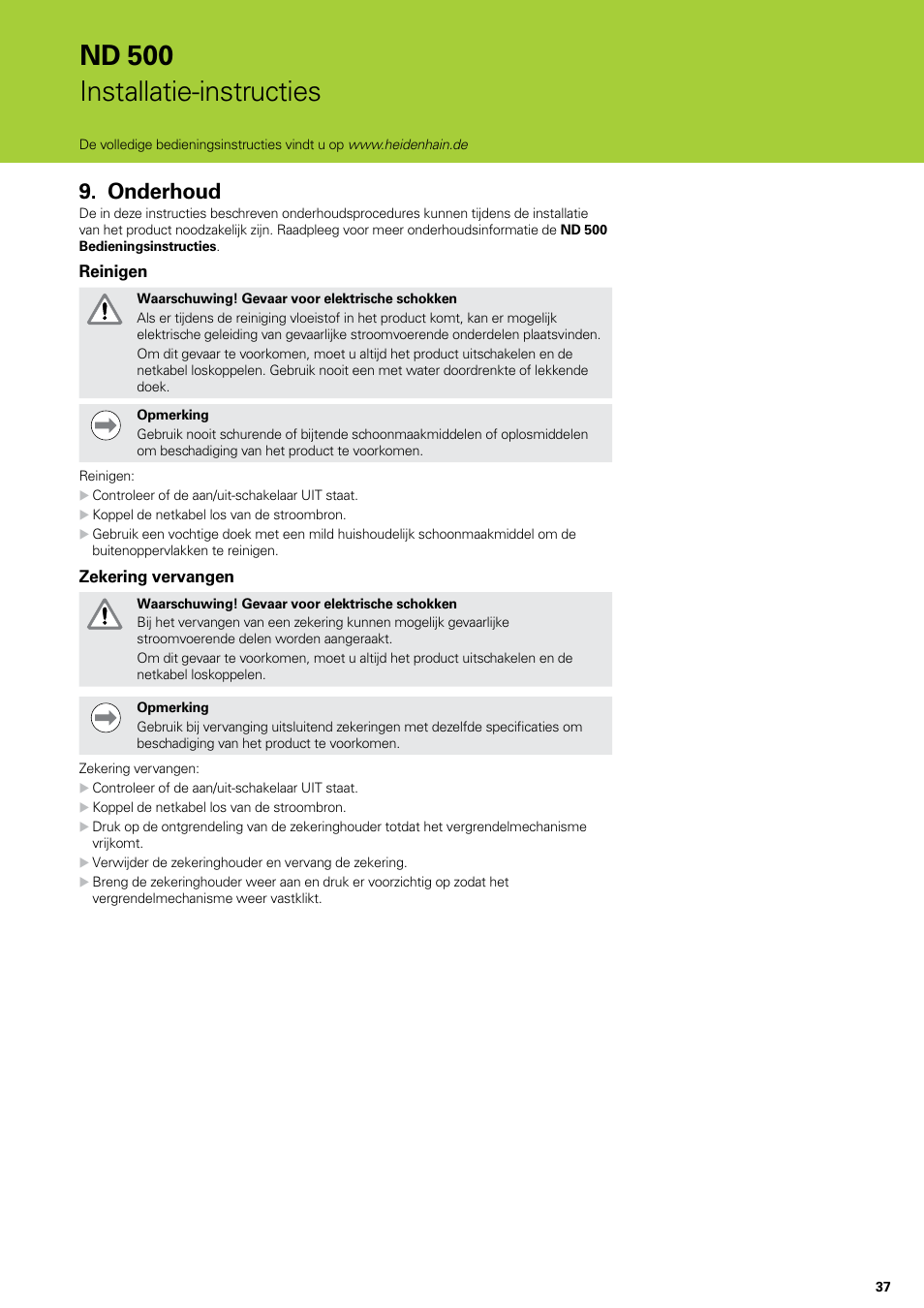 Onderhoud, Nd 500 installatie-instructies | HEIDENHAIN ND 522 Installation User Manual | Page 37 / 112