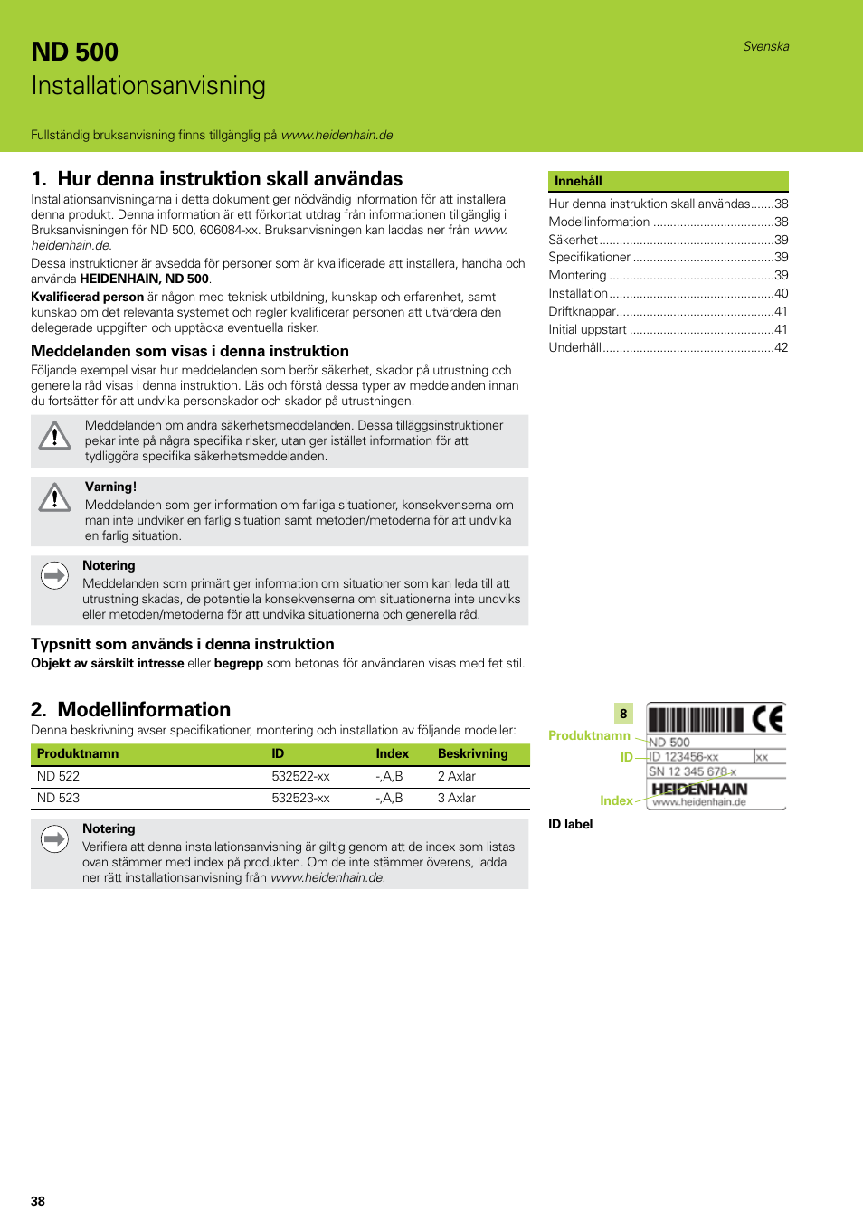 Installationsanvisning, Svenska, Hur denna instruktion skall användas | Modellinformation, Nd 500 installationsanvisning | HEIDENHAIN ND 522 Installation User Manual | Page 38 / 112