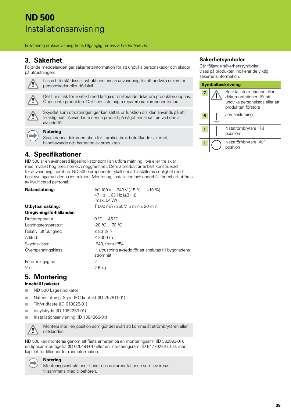 Säkerhet, Specifikationer, Montering | Säkerhet specifikationer montering, Nd 500 installationsanvisning | HEIDENHAIN ND 522 Installation User Manual | Page 39 / 112