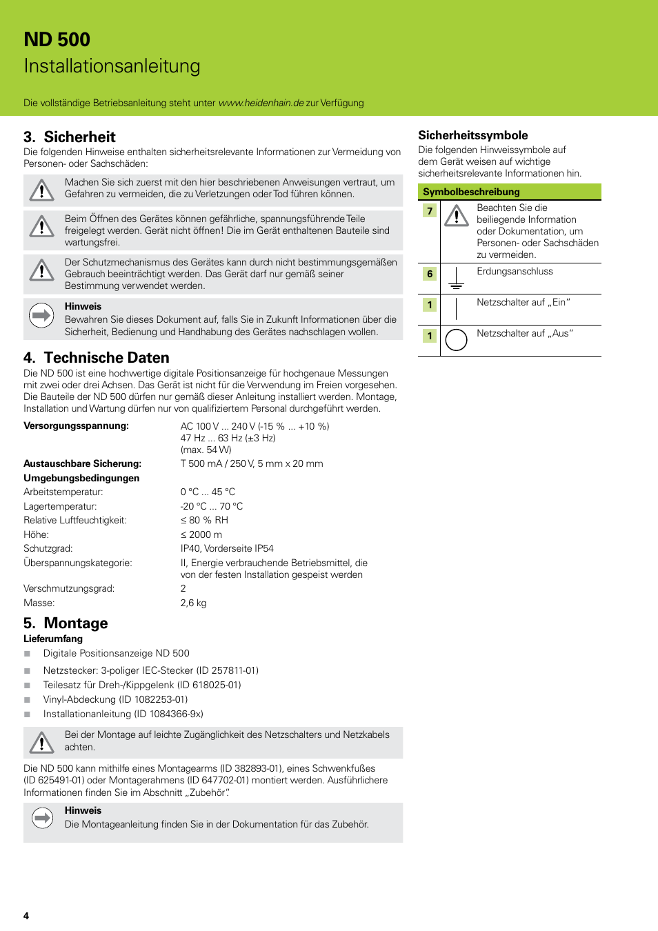 Sicherheit, Technische daten, Montage | Sicherheit technische daten montage, Nd 500 installationsanleitung | HEIDENHAIN ND 522 Installation User Manual | Page 4 / 112