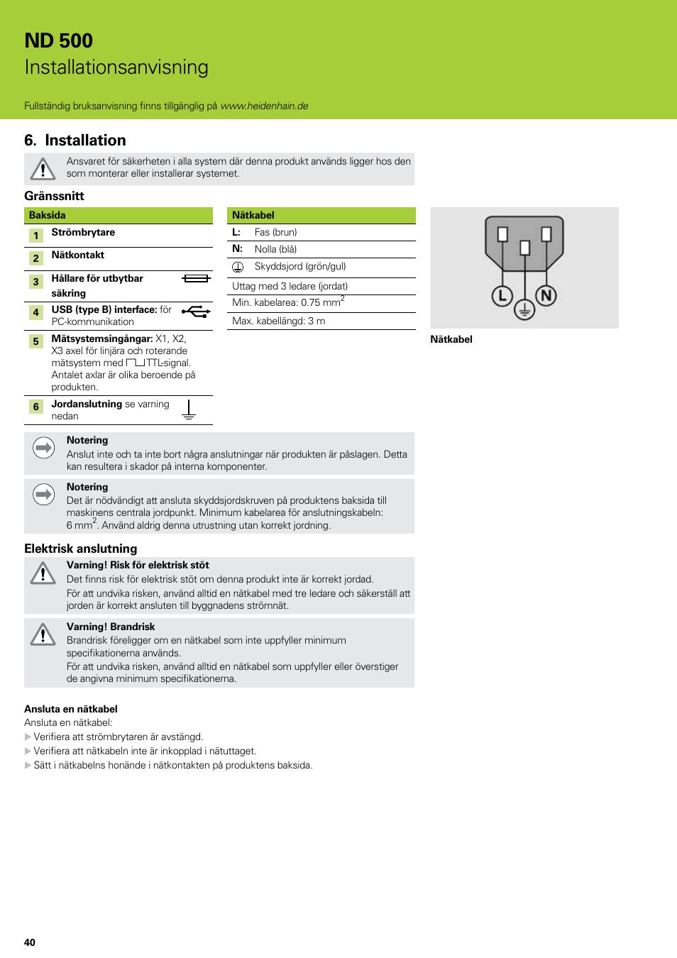 Installation, Nd 500 installationsanvisning | HEIDENHAIN ND 522 Installation User Manual | Page 40 / 112