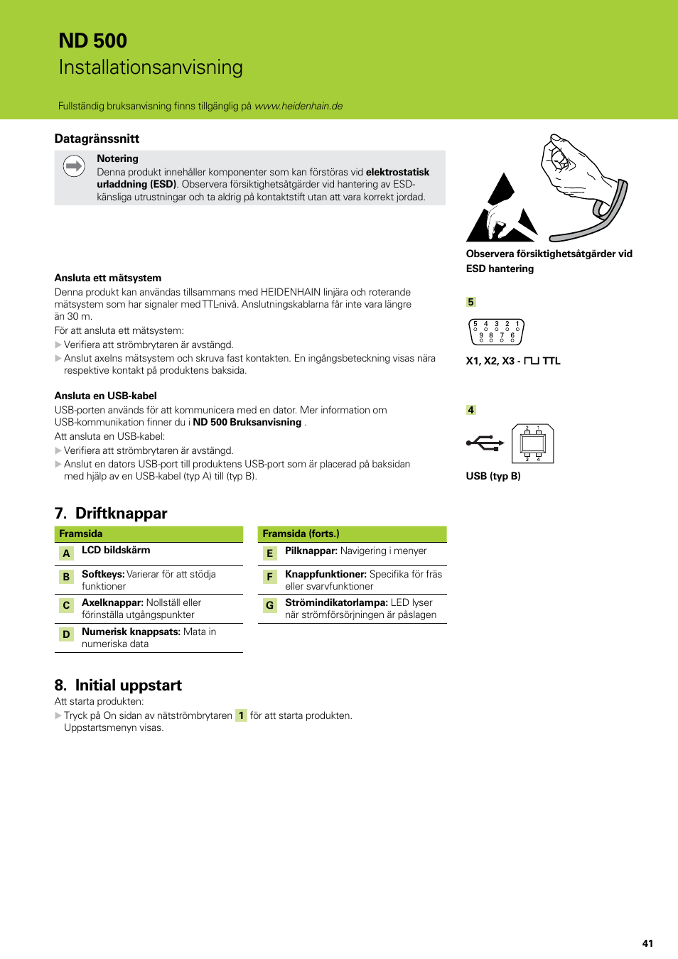 Driftknappar, Initial uppstart, Driftknappar initial uppstart | Nd 500 installationsanvisning | HEIDENHAIN ND 522 Installation User Manual | Page 41 / 112