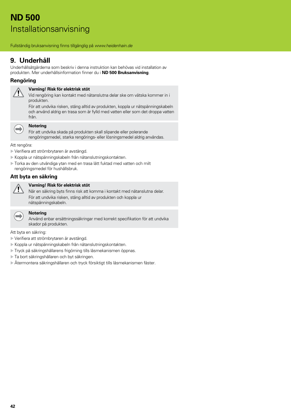 Underhåll, Nd 500 installationsanvisning | HEIDENHAIN ND 522 Installation User Manual | Page 42 / 112