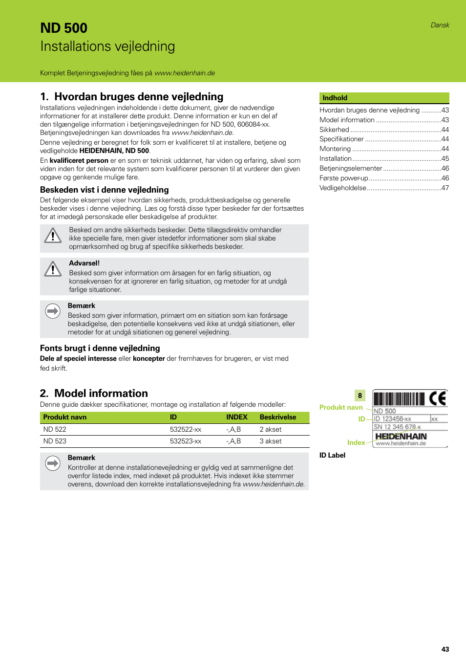 Installations vejledning, Dansk, Hvordan bruges denne vejledning | Model information, Nd 500 installations vejledning | HEIDENHAIN ND 522 Installation User Manual | Page 43 / 112
