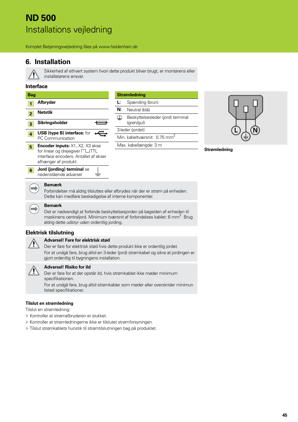 Installation, Nd 500 installations vejledning | HEIDENHAIN ND 522 Installation User Manual | Page 45 / 112