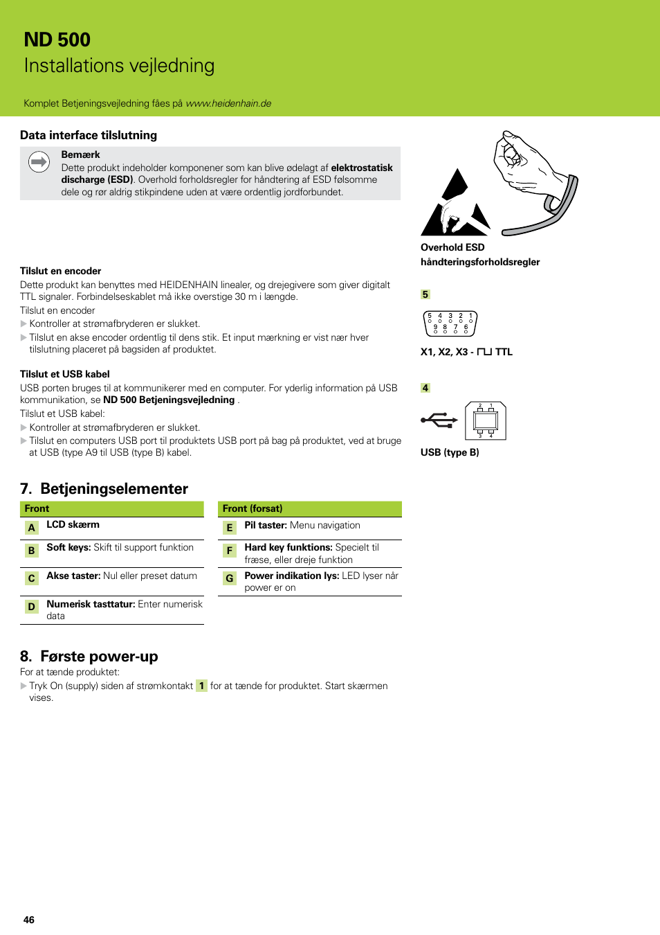 Betjeningselementer, Første power-up, Betjeningselementer første power-up | Nd 500 installations vejledning | HEIDENHAIN ND 522 Installation User Manual | Page 46 / 112