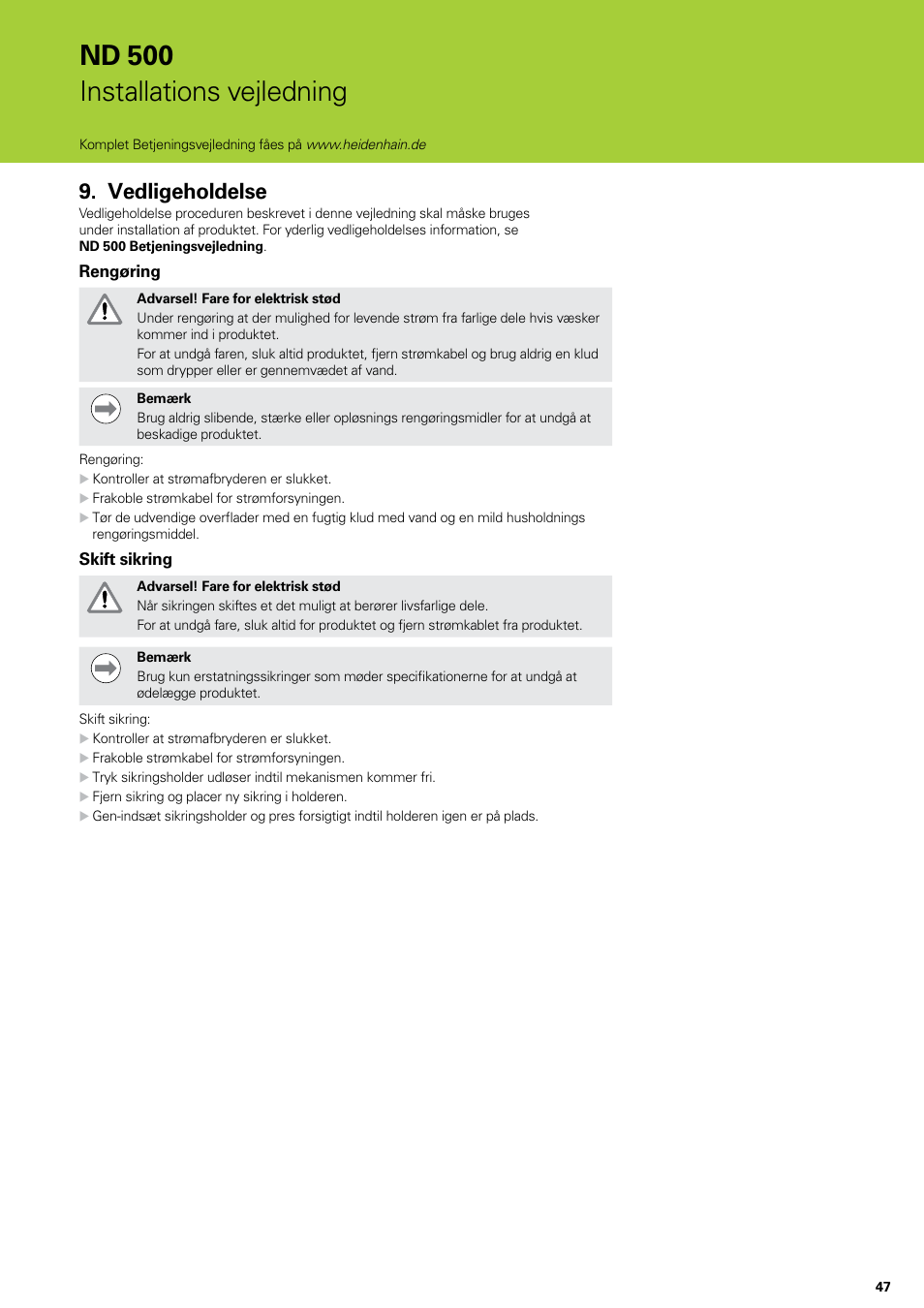 Vedligeholdelse, Nd 500 installations vejledning | HEIDENHAIN ND 522 Installation User Manual | Page 47 / 112