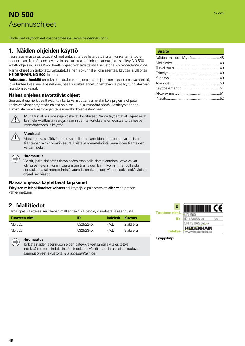 Asennusohjeet, Suomi, Näiden ohjeiden käyttö | Mallitiedot, Nd 500 asennusohjeet | HEIDENHAIN ND 522 Installation User Manual | Page 48 / 112