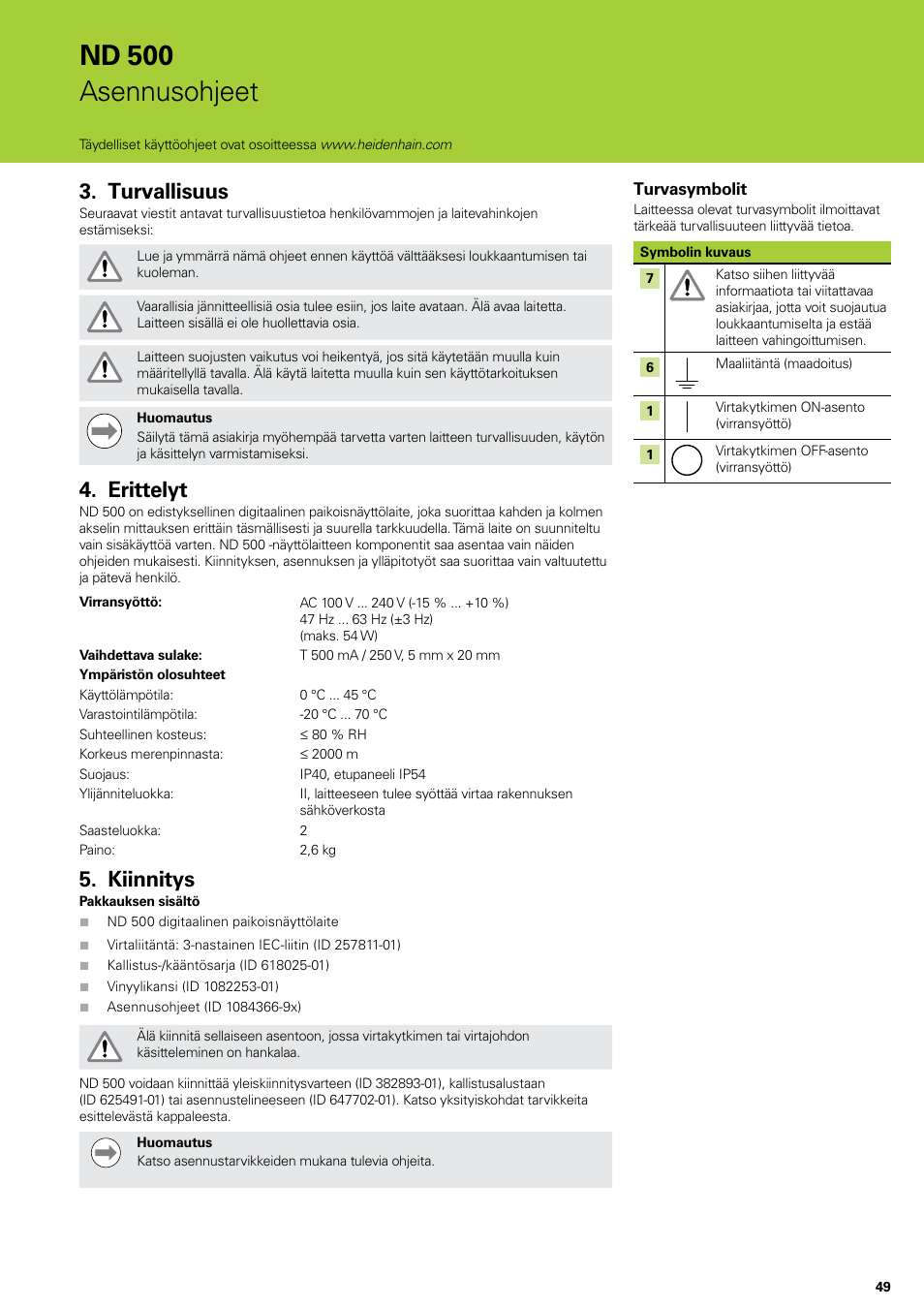Turvallisuus, Erittelyt, Kiinnitys | Turvallisuus erittelyt kiinnitys, Nd 500 asennusohjeet | HEIDENHAIN ND 522 Installation User Manual | Page 49 / 112