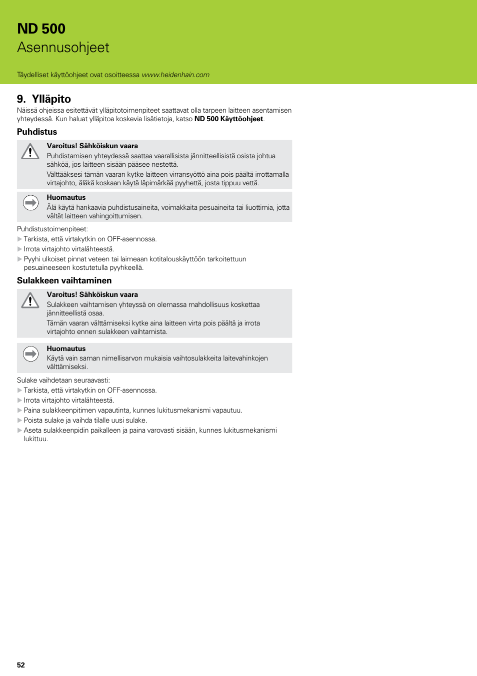 Ylläpito, Nd 500 asennusohjeet | HEIDENHAIN ND 522 Installation User Manual | Page 52 / 112