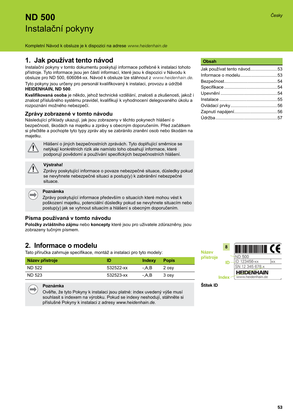 Instalační pokyny, Česky, Jak používat tento návod | Informace o modelu, Nd 500 instalační pokyny | HEIDENHAIN ND 522 Installation User Manual | Page 53 / 112