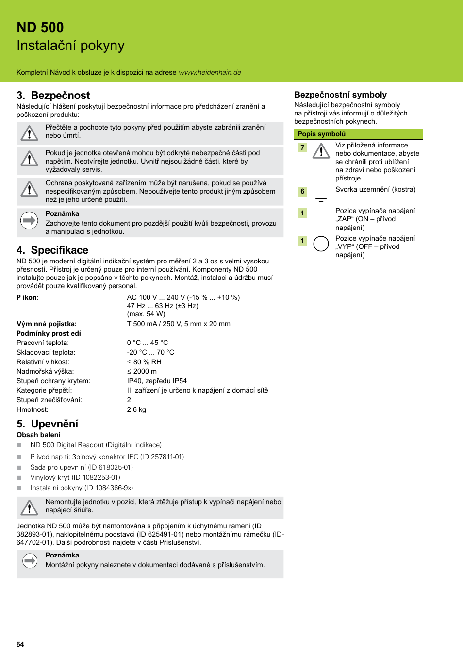 Bezpečnost, Specifikace, Upevnění | Bezpečnost specifikace upevnění, Nd 500 instalační pokyny | HEIDENHAIN ND 522 Installation User Manual | Page 54 / 112