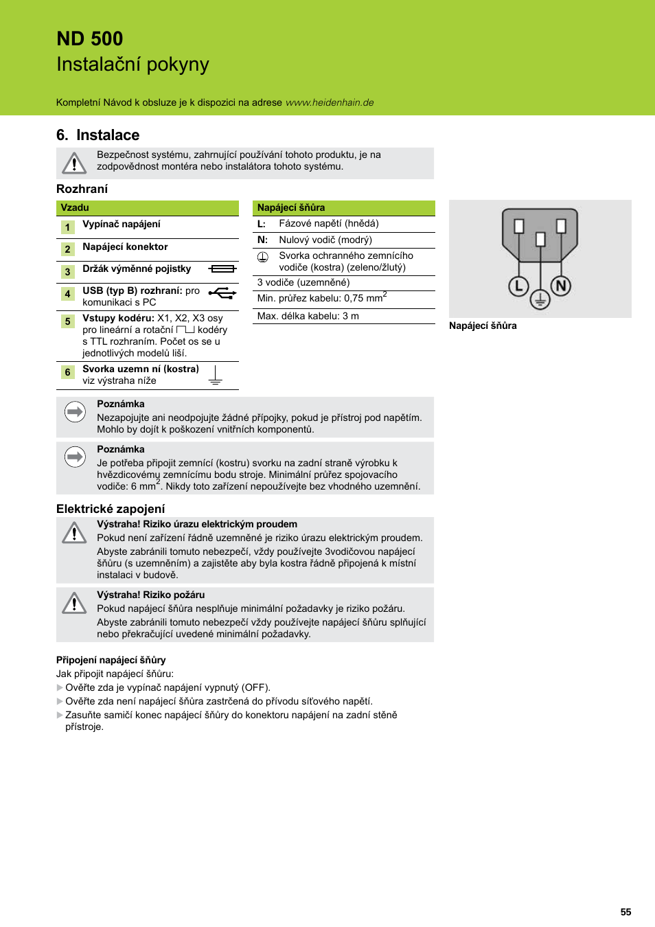 Instalace, Nd 500 instalační pokyny | HEIDENHAIN ND 522 Installation User Manual | Page 55 / 112