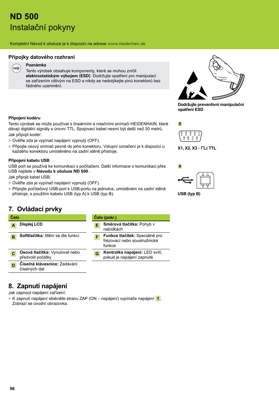 Ovládací prvky, Zapnutí napájení, Ovládací prvky zapnutí napájení | Nd 500 instalační pokyny | HEIDENHAIN ND 522 Installation User Manual | Page 56 / 112