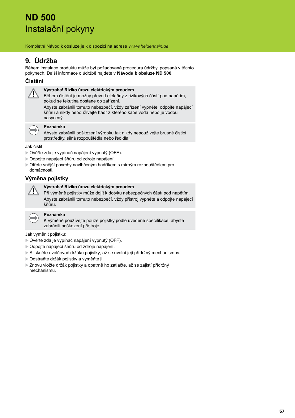 Údržba, Nd 500 instalační pokyny | HEIDENHAIN ND 522 Installation User Manual | Page 57 / 112