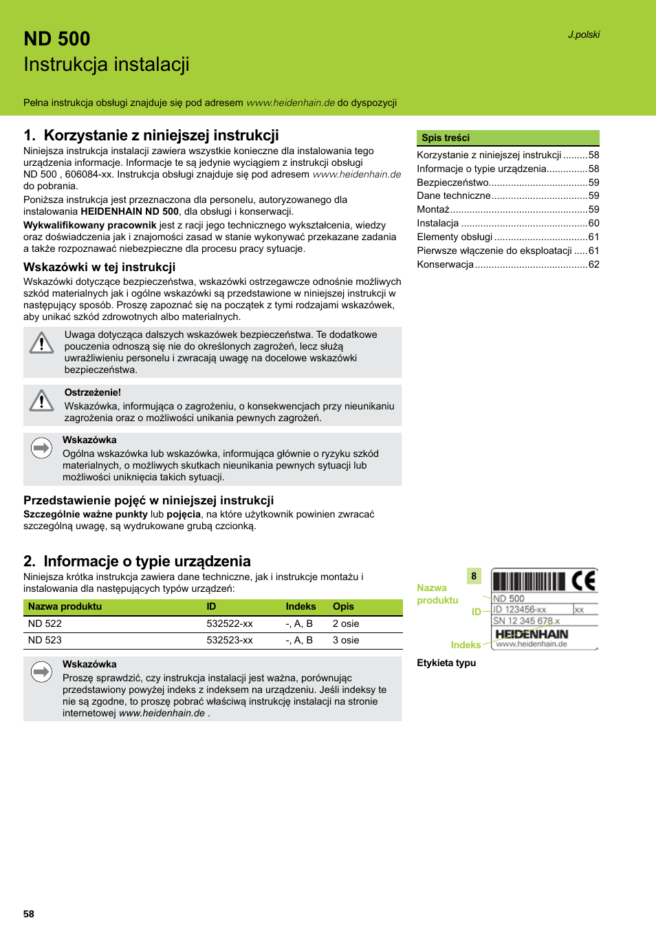 Instrukcja instalacji, J.polski, Korzystanie z niniejszej instrukcji | Informacje o typie urządzenia, Nd 500 instrukcja instalacji | HEIDENHAIN ND 522 Installation User Manual | Page 58 / 112