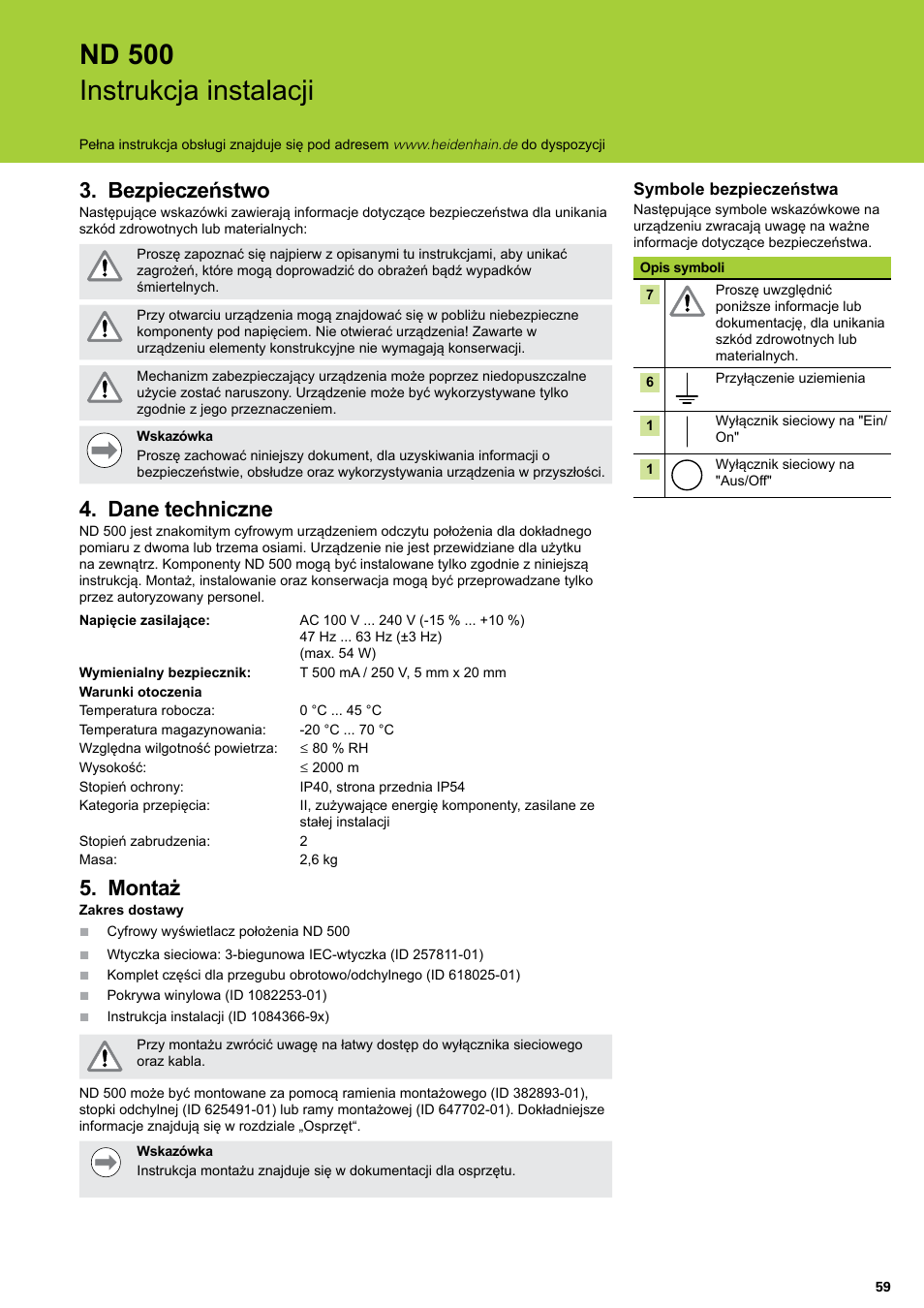 Bezpieczeństwo, Dane techniczne, Montaż | Bezpieczeństwo dane techniczne montaż, Nd 500 instrukcja instalacji | HEIDENHAIN ND 522 Installation User Manual | Page 59 / 112