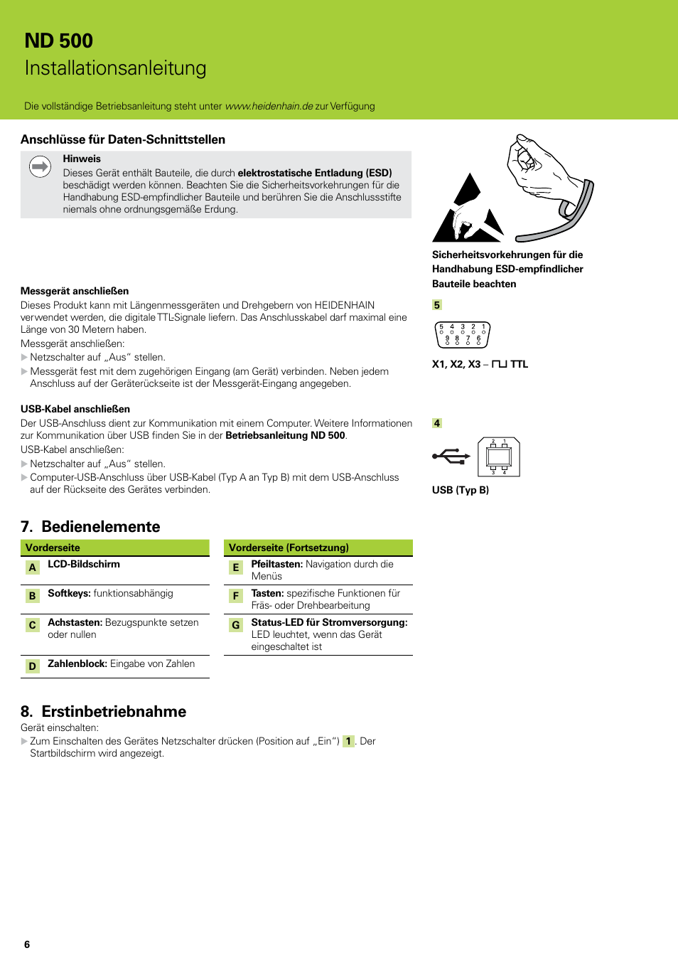 Bedienelemente, Erstinbetriebnahme, Bedienelemente erstinbetriebnahme | Nd 500 installationsanleitung | HEIDENHAIN ND 522 Installation User Manual | Page 6 / 112