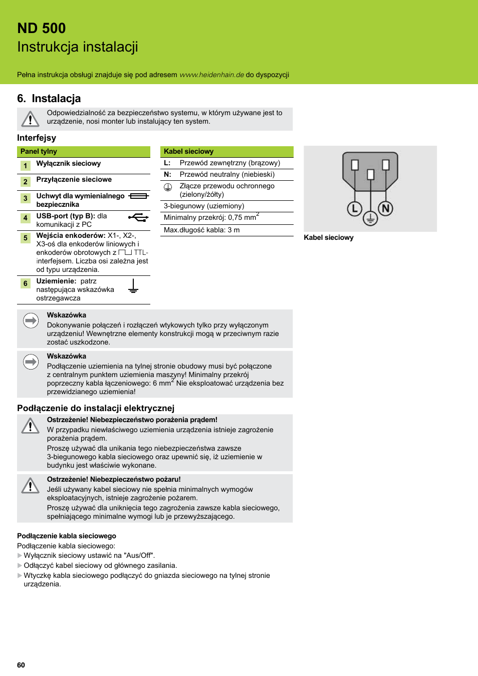 Instalacja, Nd 500 instrukcja instalacji | HEIDENHAIN ND 522 Installation User Manual | Page 60 / 112