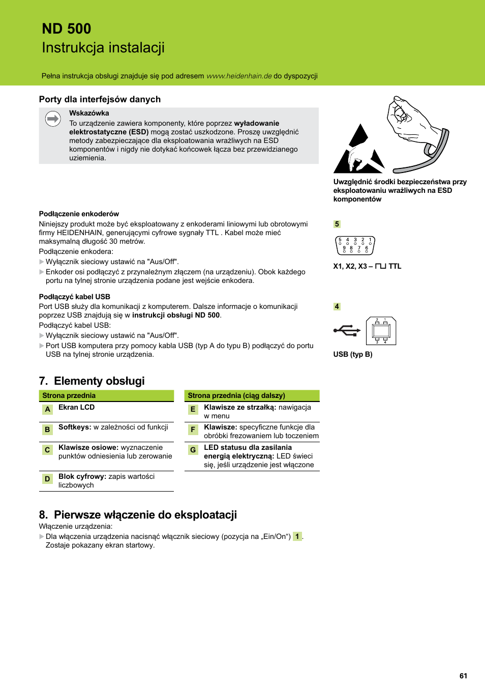 Elementy obsługi, Pierwsze włączenie do eksploatacji, Nd 500 instrukcja instalacji | HEIDENHAIN ND 522 Installation User Manual | Page 61 / 112