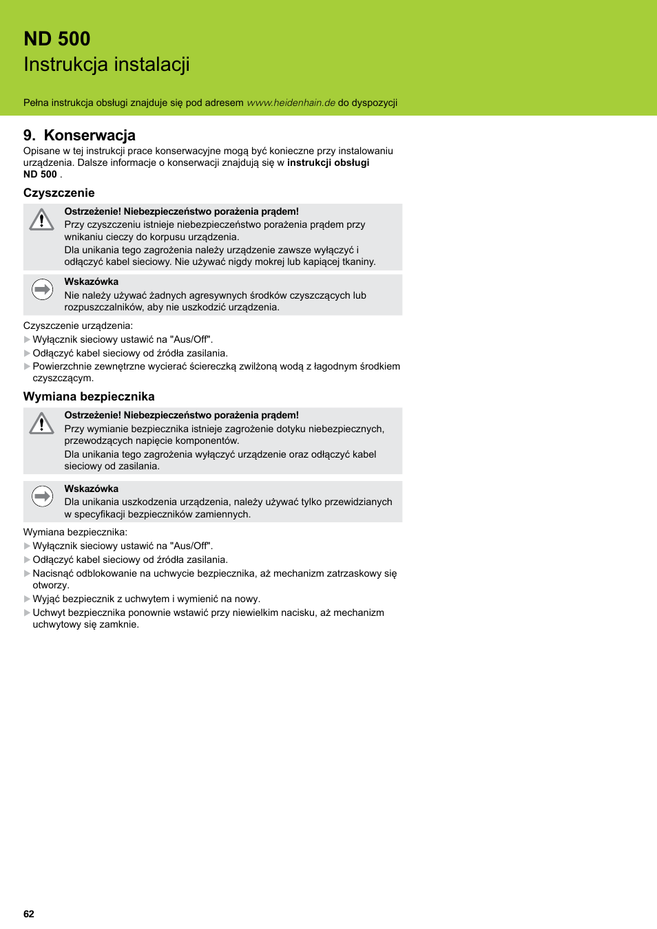 Konserwacja, Nd 500 instrukcja instalacji | HEIDENHAIN ND 522 Installation User Manual | Page 62 / 112