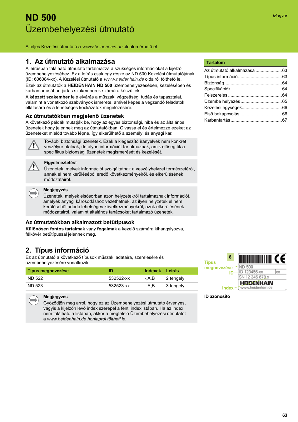 Üzembehelyezési útmutató, Magyar, Az útmutató alkalmazása | Típus információ, Nd 500 üzembehelyezési útmutató | HEIDENHAIN ND 522 Installation User Manual | Page 63 / 112