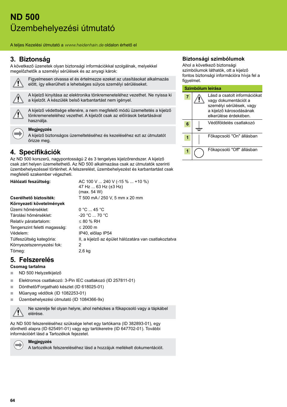 Biztonság, Specifikációk, Felszerelés | Biztonság specifikációk felszerelés, Nd 500 üzembehelyezési útmutató | HEIDENHAIN ND 522 Installation User Manual | Page 64 / 112