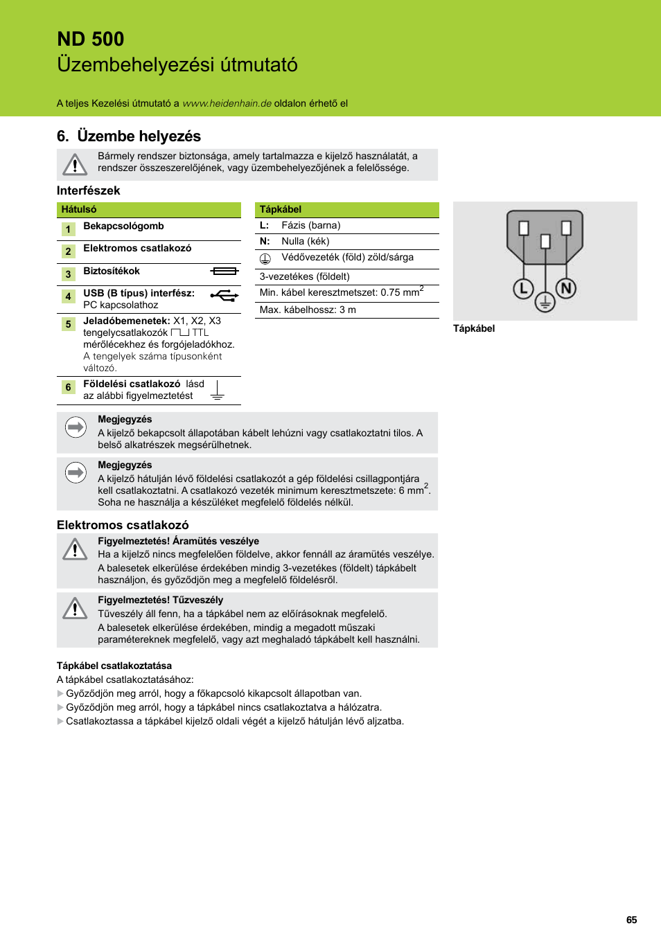 Üzembe helyezés, Nd 500 üzembehelyezési útmutató | HEIDENHAIN ND 522 Installation User Manual | Page 65 / 112