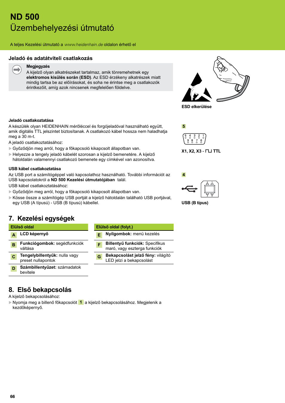 Kezelési egységek, Első bekapcsolás, Kezelési egységek első bekapcsolás | Nd 500 üzembehelyezési útmutató | HEIDENHAIN ND 522 Installation User Manual | Page 66 / 112