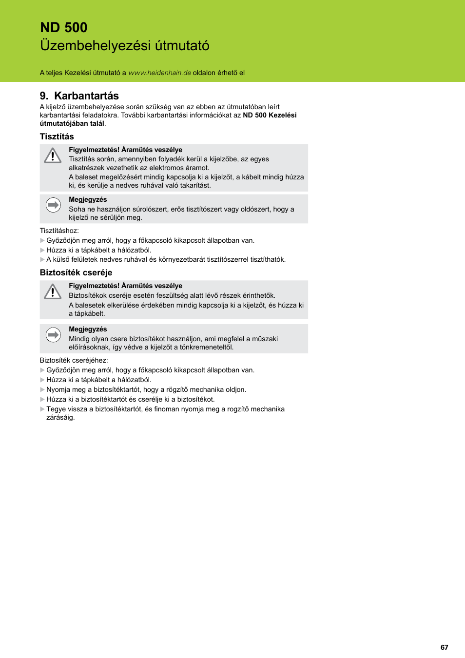 Karbantartás, Nd 500 üzembehelyezési útmutató | HEIDENHAIN ND 522 Installation User Manual | Page 67 / 112